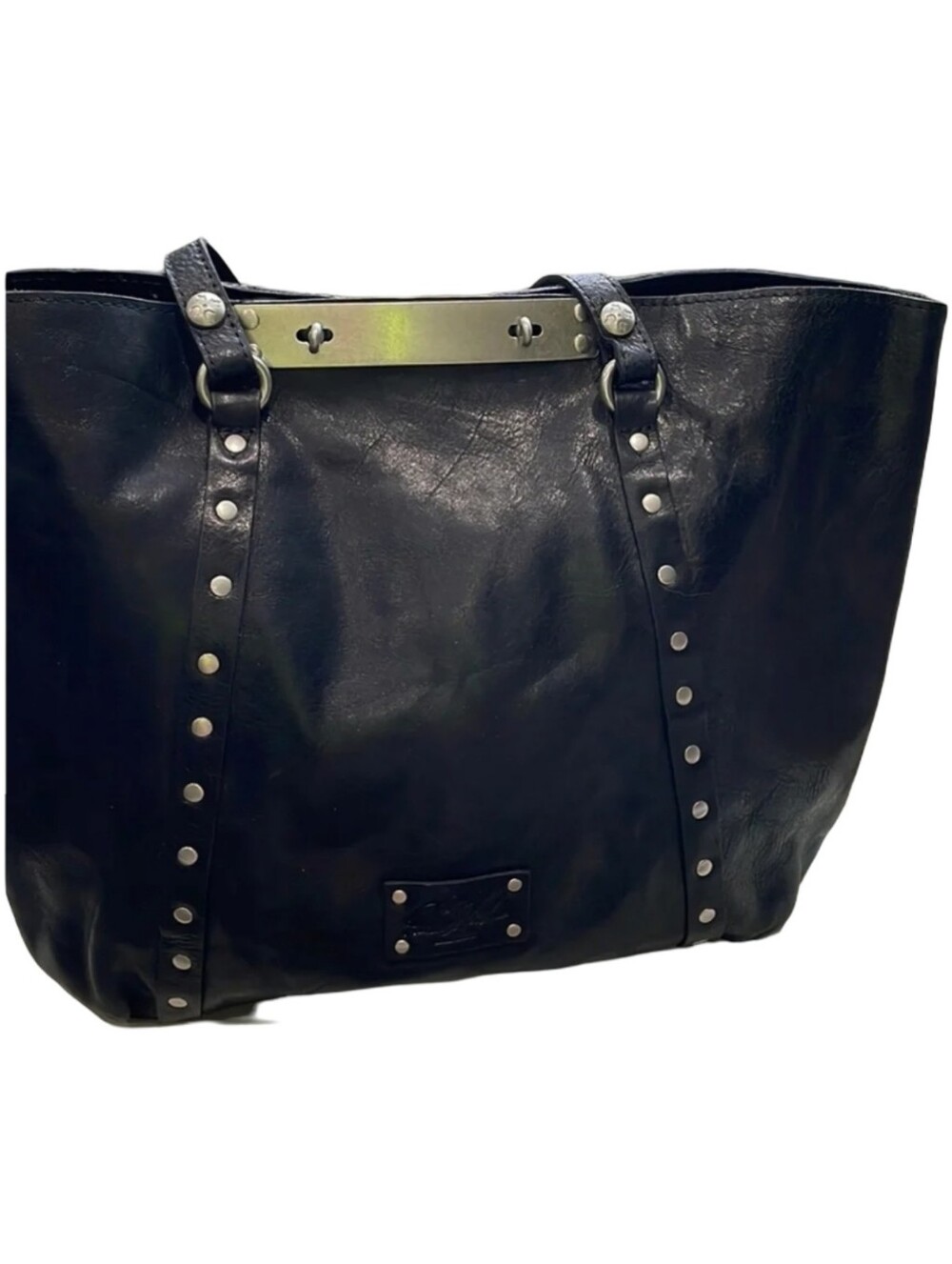 Patricia Nash Black Leather Studded Tote Bag Silver Hardware Metal Bar Detail - Picture 11 of 14